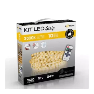 Darc — Boîte d'un kit de bandeau LED blanc chaud 3000 kelvins, affichant une télécommande, des icônes de compatibilité et des spécifications technique
