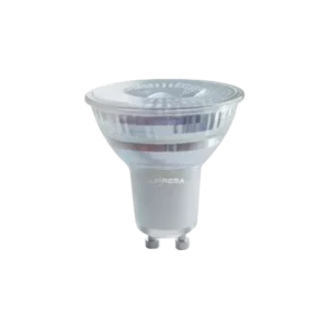 Darc — Ampoule LED de type GU10, blanche et étanche, avec un diffuseur translucide et une base à deux broches, vue de face sur fond noir.