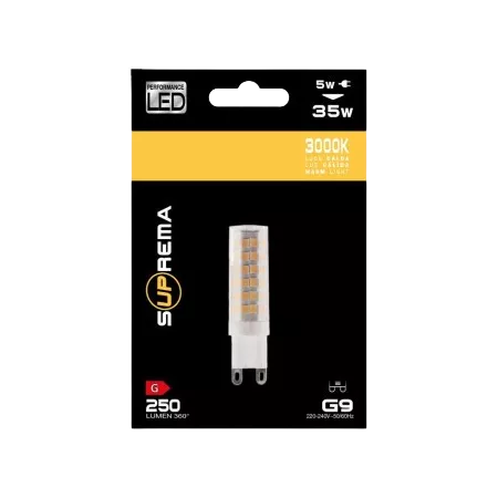 Darc — Emballage d'une ampoule LED de type G9, allumée avec une lumière blanche chaude de 3000 kelvins, indiquant une puissance de 5 watts équivalente