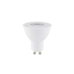 Darc — Ampoule LED de type GU10 blanche, allumée, avec une base à deux broches et un culot en plastique blanc, sur fond noir