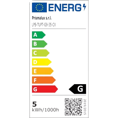 Darc — Étiquette énergétique verticale affichant la classe G en rouge, avec une consommation de 5 kWh pour 1000 heures d'utilisation, un QR code et le