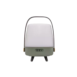 Darc — Lampe PP-Lite Up en forme de boîte carrée avec un éclairage blanc doux et une base en métal gris, posée sur un fond noir. Deux petits boutons s