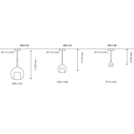 Darc — Illustration technique montrant trois modèles de luminaires dimmables de diamètre 11.3 millimètres, avec leurs dimensions respectives, hauteurs