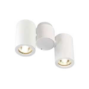 Darc — Trois appliques murales encastrables de couleur blanche, dotées d’un diffuseur circulaire et d’une ampoule dorée visible à l’intérieur, sur fon