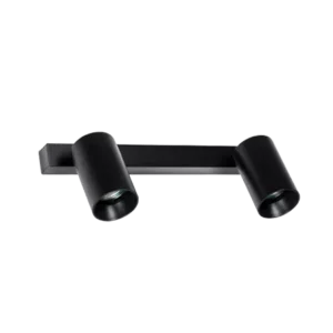 Darc — Applique murale composée de deux tubes noirs cylindriques reliés par une barre horizontale transparente, fixée sur un mur avec des plaques de m