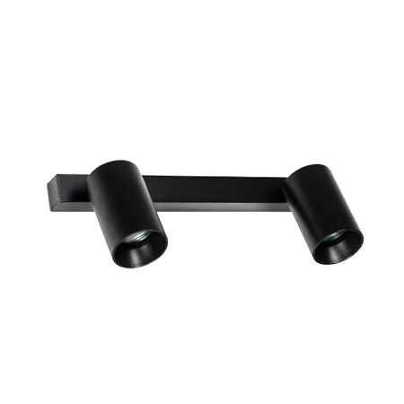 Darc — Applique murale composée de deux tubes noirs cylindriques reliés par une barre horizontale transparente, fixée sur un mur avec des plaques de m