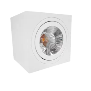 Darc — Un projecteur encastré blanc avec une source lumineuse LED centrale émettant une lumière chaude et diffuse, monté dans un encadrement carré.