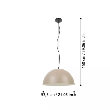 Darc — Applique suspendue en forme de dôme beige, suspendue par un câble noir, mesurant 53,5 cm de diamètre et 150 cm de hauteur totale.