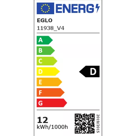 Darc — Étiquette énergétique verticale affichant la classe D en noir sur fond blanc, avec un logo ENERG en haut, une consommation de 12 kWh pour 1000