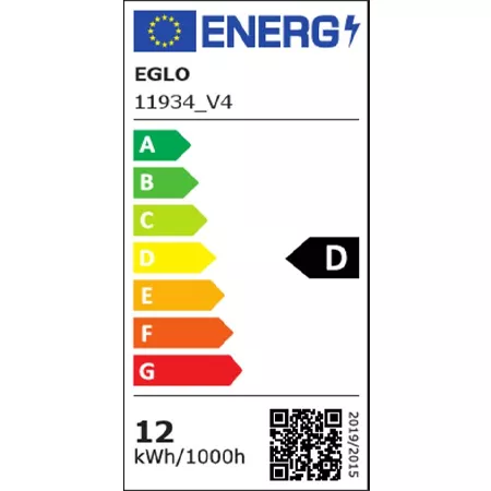 Darc — Étiquette énergétique affichant la classe D avec une consommation de 12 kWh pour 1000 heures d'utilisation, modèle EGLO référencé 11934_V4, inc