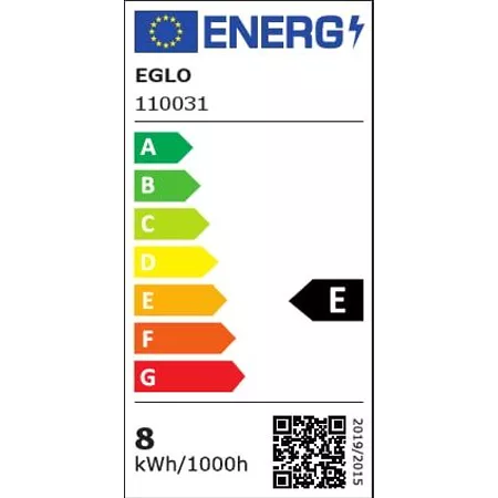 Darc — Étiquette énergétique verticale affichant la classe E en noir sur fond blanc, avec un logo ENERG en haut, un code produit EGLO 110031, une éche