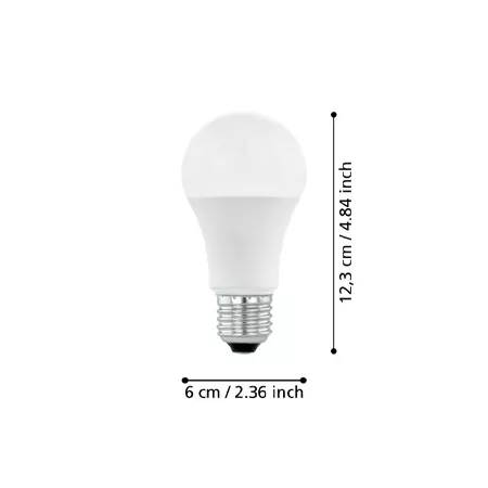 Darc — Ampoule LED de forme A60, blanche et allumée, mesurant 6 centimètres de diamètre à la base et 12,3 centimètres de hauteur, avec une base à vis