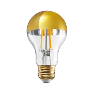Darc — Ampoule LED allumée avec une base en métal doré, un filament visible et une forme design moderne, sur fond noir.