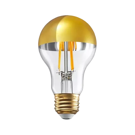 Darc — Ampoule LED allumée avec une base en métal doré, un filament visible et une forme design moderne, sur fond noir.