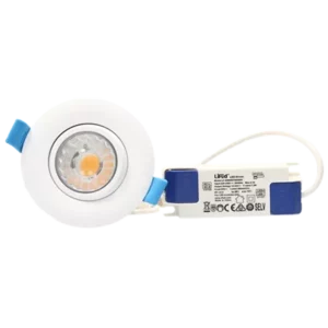 Darc — Un plafonnier LED encastrable de forme ronde, blanc, allumé avec une lumière chaude, accompagné d'une étiquette technique bleue et blanche indi