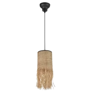 Darc — Applique murale suspendue composée d’un abat-jour en fibres de rotin naturel et d’une structure métallique fixée au plafond par un câble noir.