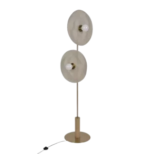 Darc — Lampe murale design composée de deux disques superposés en métal doré, fixés sur une tige verticale métallique avec une base carrée.