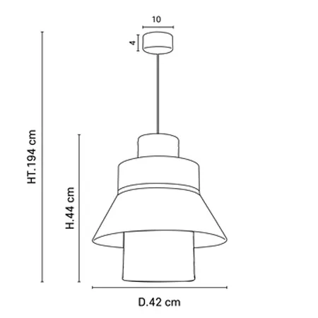Darc — Schéma technique d'une applique murale design suspendue, mesurant 194 cm de hauteur totale dont 44 cm pour la partie principale, avec un diamèt
