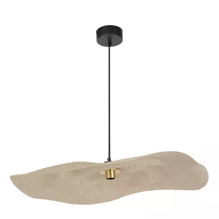 Darc — Applique suspendue composée d’un tissu beige en forme organique et d’un support métallique noir avec une douille dorée pour éclairage