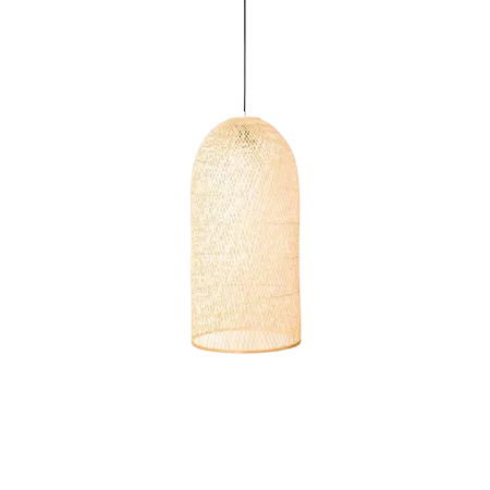 Darc — Applique murale suspendue en forme de cylindre, composée d’un tissu beige légèrement transparent, diffusant une lumière douce et chaude.
