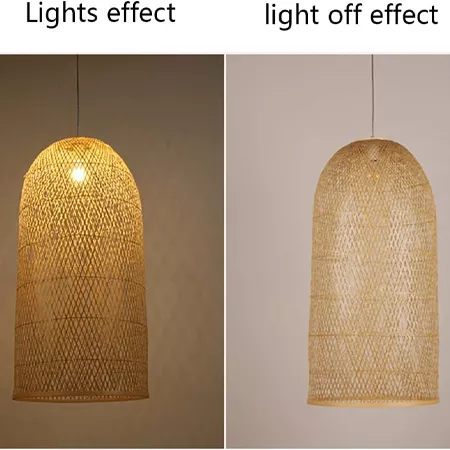 Darc — Comparaison d'une lampe suspendue en forme de cloche en rotin, avec un côté éclairé diffusant une lumière douce et chaude, et un côté éteint mo