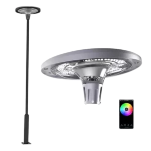 Darc — Lampe solaire extérieure design montée sur pied, avec un large diffuseur circulaire et des LEDs réglables en température de couleur, illustrée
