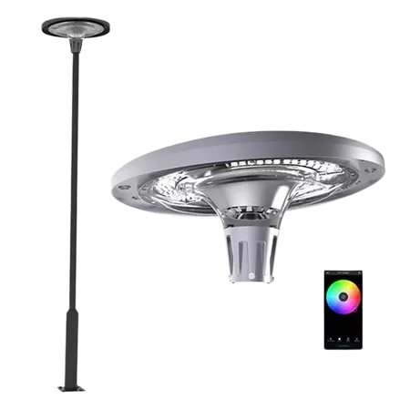 Darc — Lampe solaire extérieure design montée sur pied, avec un large diffuseur circulaire et des LEDs réglables en température de couleur, illustrée