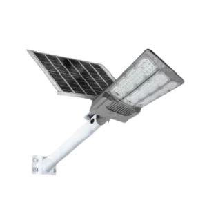 Darc — Un réverbère moderne fixé sur un poteau, équipé d’un panneau solaire rectangulaire pour alimenter son éclairage LED, idéal pour les espaces pub