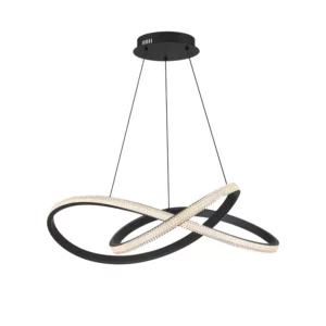 Darc — Applique suspendue composée de deux anneaux entrelacés en cristal doré et d’une structure noire en métal, suspendue par trois fils fins. Design
