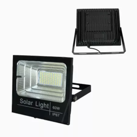 Darc — Image montrant un projecteur solaire de 60 watts, étanche avec indice IP67, avec une face avant transparente éclairée et une structure noire ro