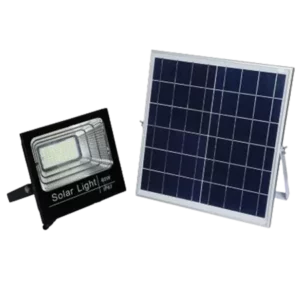 Darc — Image montrant un projecteur solaire de 60 watts à gauche, allumé et éclairant, et un panneau solaire carré à droite, composé de cellules photo