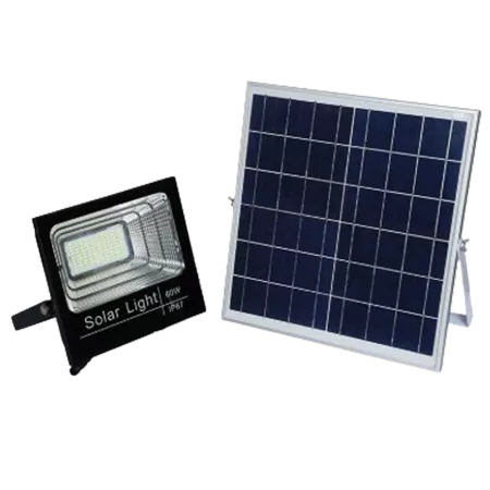 Darc — Image montrant un projecteur solaire de 60 watts à gauche, allumé et éclairant, et un panneau solaire carré à droite, composé de cellules photo