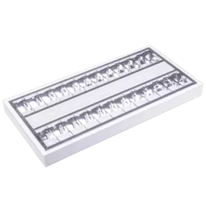 Darc — Un éclairage linéaire blanc encastré composé de deux rangées de diodes lumineuses alignées, monté sur un boîtier rectangulaire et plat