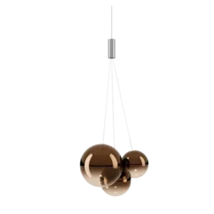 Darc — Applique murale en métal suspendue avec deux sphères lumineuses dorées et un design géométrique minimaliste, sur fond noir.