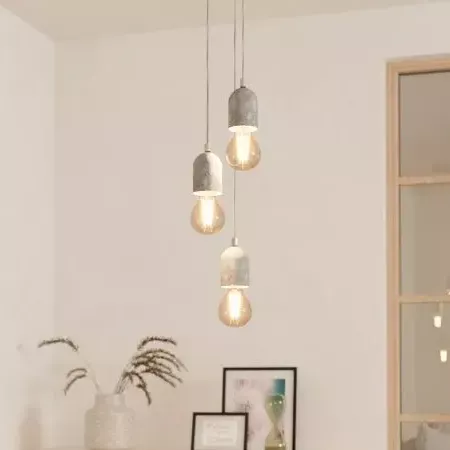 Darc — Deux appliques murales en forme de cylindres de béton suspendues au plafond, chacune équipée d'une ampoule Edison dorée et diffuseuse, dans une