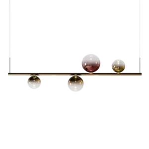 Darc — Applique murale suspendue composée de cinq boules lumineuses de tailles et couleurs variées (argentées, dorées et teintées de rose), fixée sur