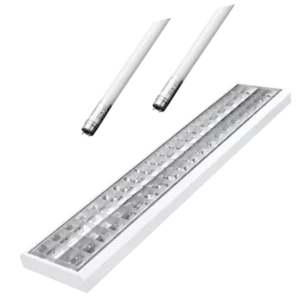 Darc — Image montrant un tube LED allongé et un bandeau lumineux linéaire à surface striée, posés sur un fond texturé noir et blanc