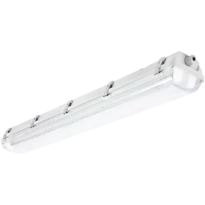 Darc — Un tube fluorescent linéaire blanc, de forme allongée, fixé sur un support métallique avec des connecteurs aux extrémités pour une installation
