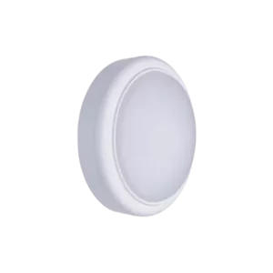 Darc — Bouton-poussoir blanc circulaire avec bordure crantée et éclairage intégré en son centre, posé sur fond noir