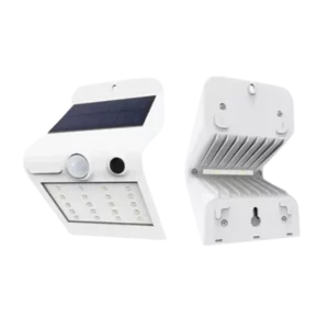 Darc — Image montrant un projecteur solaire extérieur blanc, composé d'un panneau solaire en haut, d'un boîtier étanche avec un dissipateur thermique