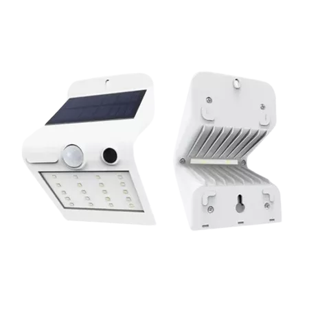 Darc — Image montrant un projecteur solaire extérieur blanc, composé d'un panneau solaire en haut, d'un boîtier étanche avec un dissipateur thermique
