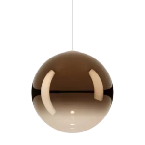 Darc — Un luminaire sphérique transparent suspendu par un filin, avec deux ouvertures latérales en forme de croissants pour diffuser une lumière douce