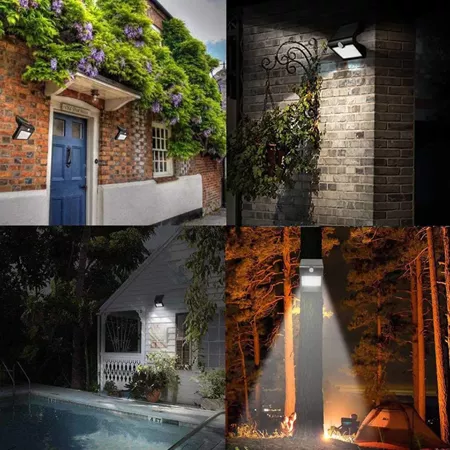 Darc — Collage montrant quatre scènes d’éclairage extérieur : une porte d’entrée bleue avec des plantes grimpantes et des lumières murales, un mur de