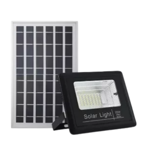Darc — Un projecteur solaire noir de 25 watts allumé à côté d’un panneau solaire rectangulaire blanc à cellules noires, prêt à alimenter l’éclairage e