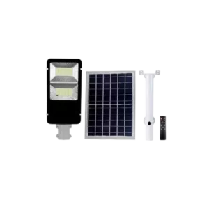 Darc — Un projecteur solaire étanche monté sur un boîtier blanc, équipé d'un panneau solaire carré à cellules noires et d'un projecteur LED orientable
