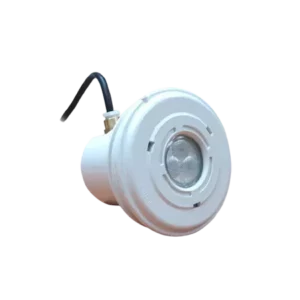 Darc — Un projecteur encastré blanc, de forme circulaire, avec une lumière centrale visible et un câble électrique relié à sa partie supérieure, adapt