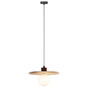 Darc — Applique murale suspendue en métal gris et bois clair, avec une ampoule blanche centrale et une structure géométrique en forme de croix.