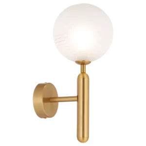 Darc — Une applique murale avec un globe lumineux blanc et une base dorée en forme de cylindre, montée sur un bras métallique doré.