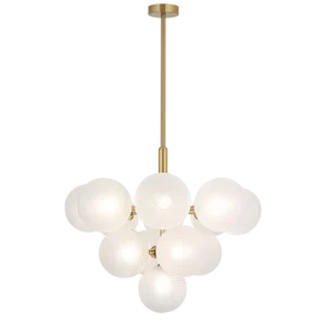 Darc — Applique murale design composée de sept ampoules blanches rondes disposées en forme d'étoile géométrique, fixée par une tige dorée sur fond noi