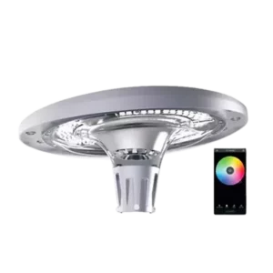 Darc — Un projecteur LED encastrable de forme circulaire, suspendu, avec une lumière blanche intense et une télécommande à côté affichant un cercle de